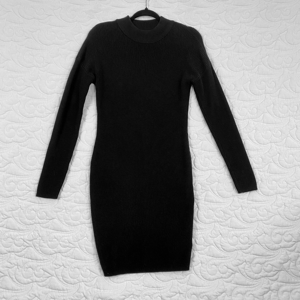 Kaisely Sweater Dress Black Ribbed Knit Back Cut Out Long Sleeve Large